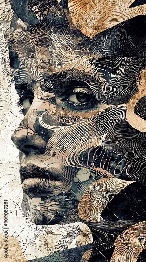 Poster design an intricate close-up collage featuring overlapping silhouettes and textures, emphasizing int
