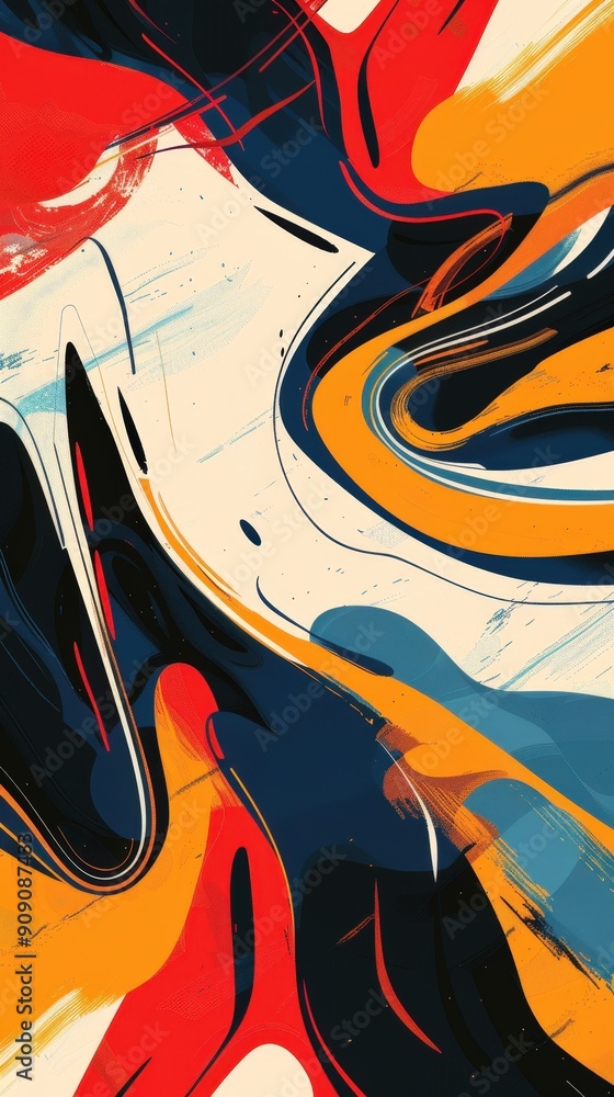Poster an abstract composition showcases bold and vibrant colors in dynamic fluid shapes flowing harmonious