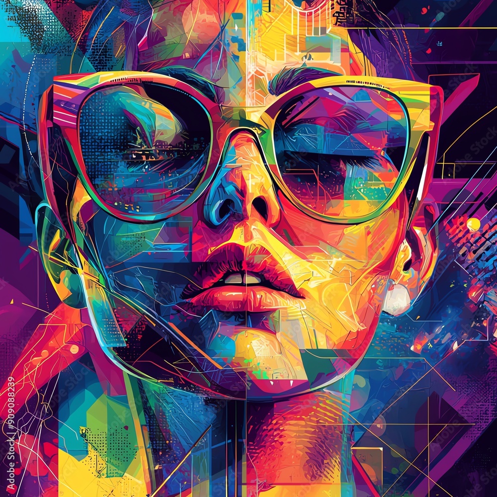 Poster craft a mesmerizing image of a detailed close-up vector art collage, using geometric shapes and vibr