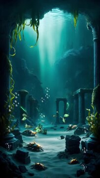 A mossy temple ruin on a dark and spooky seabed. Seamless 4K looping timelapse video animation generated AI