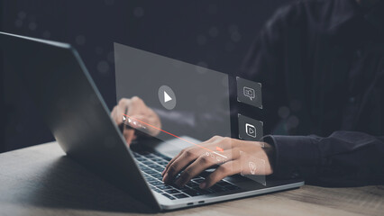Online video streaming platforms. Features a computer and laptop displaying multimedia content,...