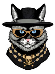 Fototapeta premium Gangster style cat portrait, in hat and glasses, isolated on transparent background