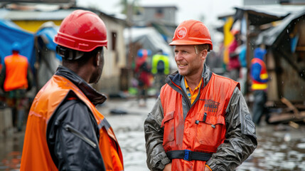 Relief workers in safety gear discussing logistics in a disaster-stricken area, focused on providing aid and assistance.