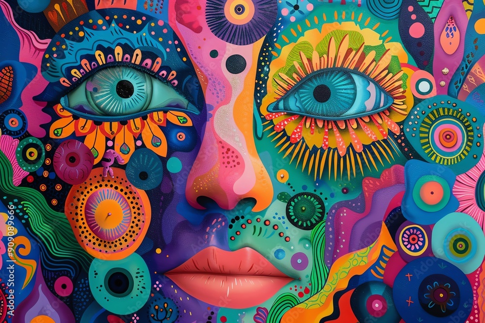 Poster Vibrant psychedelic abstract art of a face filled with colorful patterns and intricate designs for creative inspiration.