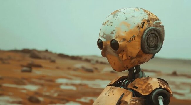 Old robot scene alone on another planet, Camera slow motion with different angles