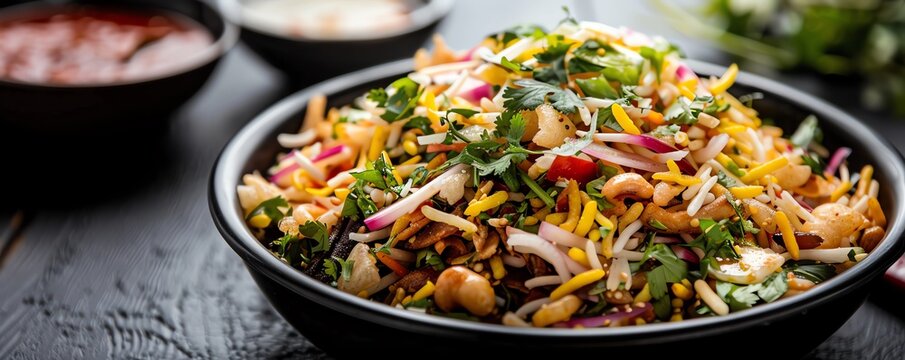 Traditional Indian snack of bhel puri with fresh herbs and tangy tamarind sauce