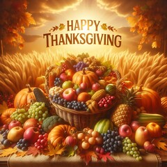 Happy Thanksgiving Day with various fruits in basket and golden text, with golden light field and sunset background, illustration generative ai