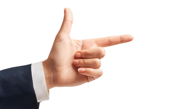 Close-up of a hand in a business suit making a finger gun gesture against a white background, representing creativity and confidence.