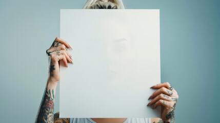 Pretty woman with blonde hair and numerous tattoos holding a large white square picture frame.