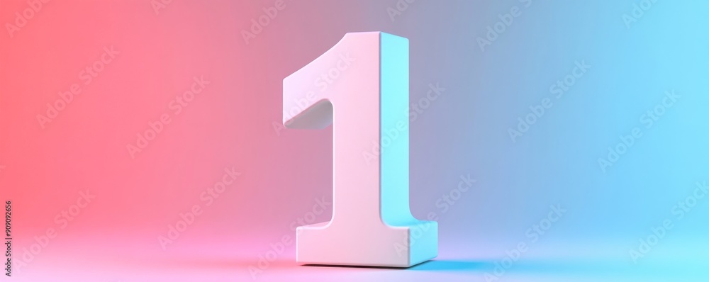 Poster white number one on a gradient red and blue background, 3d rendering. minimalistic and modern design
