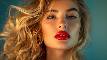 Fototapeta premium Professional photo of a woman with glamorous makeup and golden blonde hair in loose, bouncy curls, posing for a hair photoshoot.