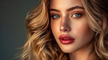 Fototapeta premium Professional photo of a woman with glamorous makeup and golden blonde hair in loose, bouncy curls, posing for a hair photoshoot
