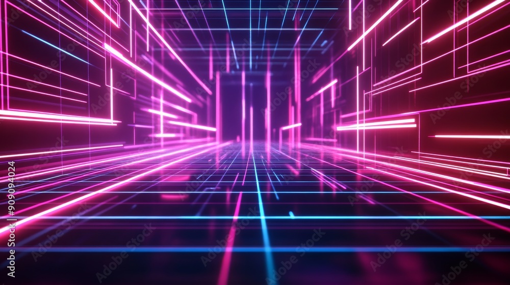 Poster neon lights form abstract grid pattern in dark space