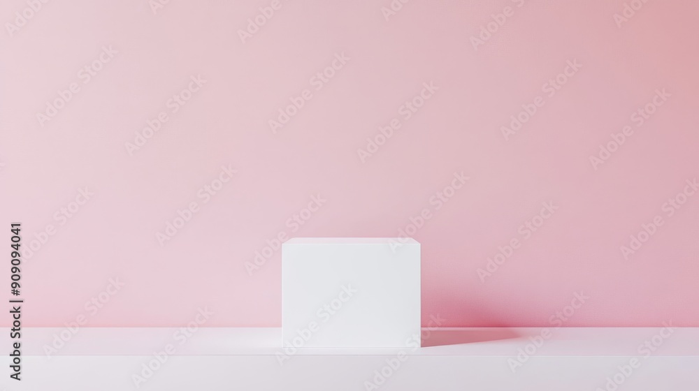 Poster white cube on a pink and white background, minimalistic geometric composition. abstract art and desi