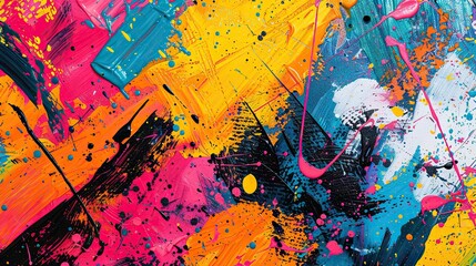 A collage of vibrant paint splatters, abstract shapes, and bold colors, creating an energetic and dynamic composition