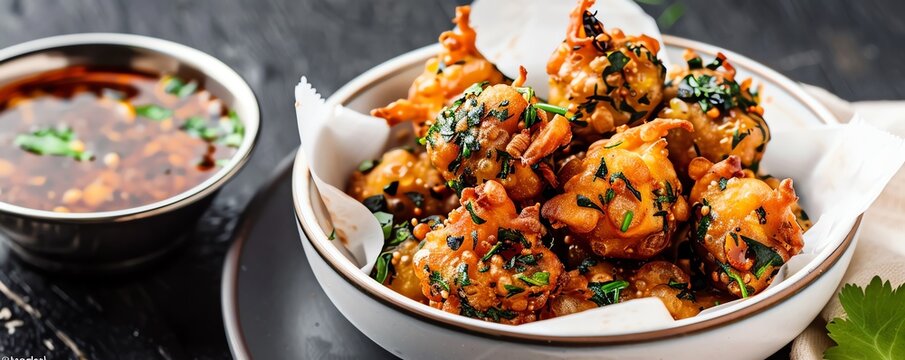 Indian snack of crispy herbspiced pakwan with tangy tamarind sauce