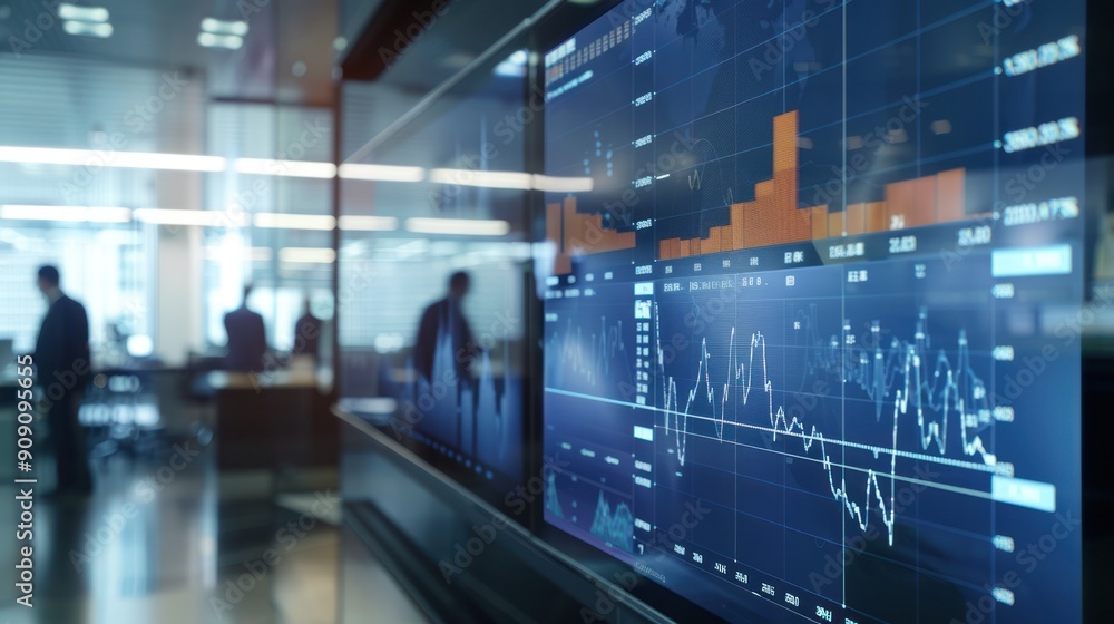 Aufkleber computer screens in the office display candlestick charts of financial business reports and stock in