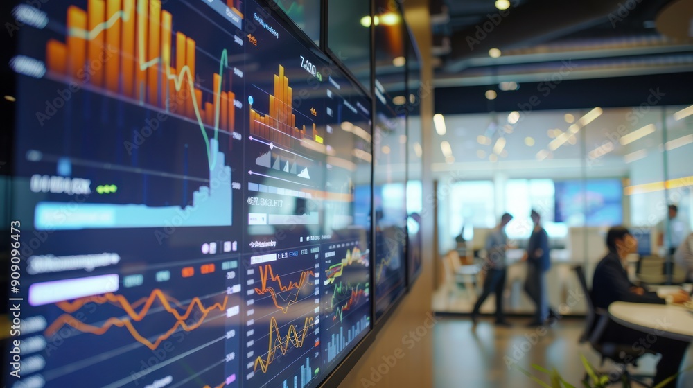 Aufkleber computer screens in the office display candlestick charts of financial business reports and stock in