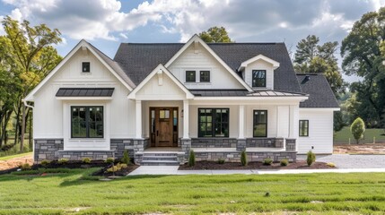 Obraz premium Cozy Cottage with Minimalist Charm and White Siding Front Porch