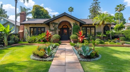 Serene Front Yard Oasis: Well-Maintained Landscaping and Welcoming Vibe.