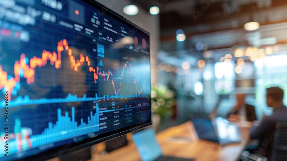 Poster computer screens in the office display candlestick charts of financial business reports and stock in