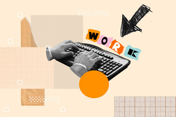 Collage de unas manos de hombre con un teclado de un ordenador en semitono junto a elementos...
