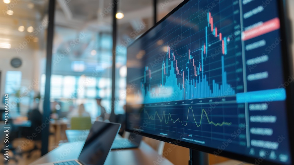 Poster computer screens in the office display candlestick charts of financial business reports and stock in