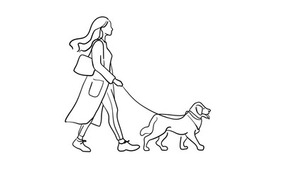 Girl walking with dog continuous line art drawing isolated on white background. Friend line art drawing. Vector illustration