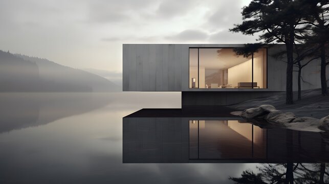 Modern lakeside house with large windows reflecting on water.