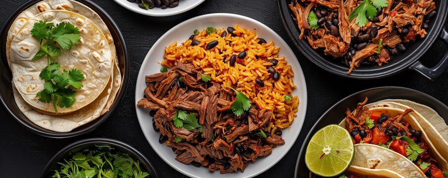 Mexican dinner spread with spicy beef barbacoa and black bean rice