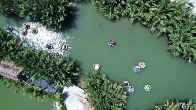 Drone view of Coconut Forest Basket Boat Ride in Hoi An, vietnam.