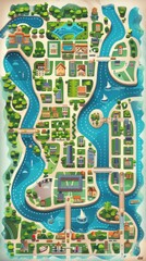 Obraz premium Artistic map showcases a vibrant community with parks, houses, and winding rivers in a picturesque setting