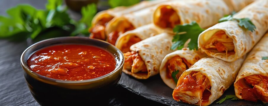 Spicy Mexican dinner of chicken flautas with chipotle dipping sauce