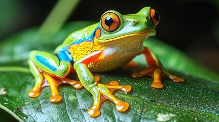 Fototapeta premium Frog lying on a leaf, vibrant colors, tropical environment.