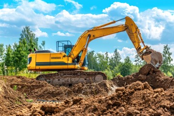 Backhoe working by digging soil at construction site at sunny day. Crawler excavator digging on soil