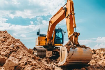 Obraz premium Backhoe working by digging soil at construction site at sunny day. Crawler excavator digging on soil