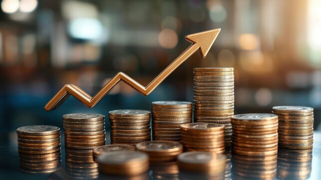A dynamic business graph with a rising arrow and stacks of coins representing increasing profits and gains