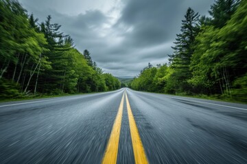 Fototapeta premium A blurred road stretches into the distance, flanked by trees under a cloudy sky