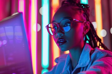 Black female IT engineer focused on laptop amidst vibrant neon lighting