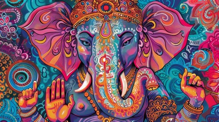 A vibrant and colorful artwork of Lord Ganesh wallpaper