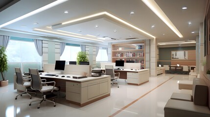 Spacious open-plan office with modern furnishings and bright lighting