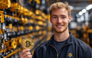 Man with a proud expression, ultra-realistic portrait, holding a newly minted Bitcoin, industrial setting with mining equipment in the background