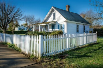 Classic white picket fence surrounds a cute country cottage. Sunny day, cozy countryside, classic exterior
