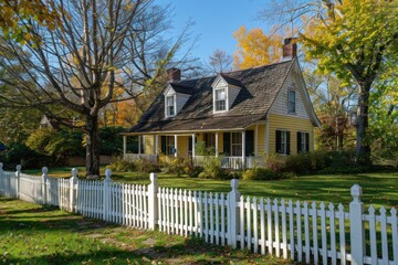 Classic white picket fence surrounds a cute country cottage. Sunny day, cozy countryside, classic exterior