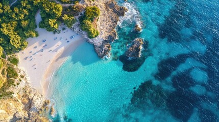 Obraz premium Sunny aerial scene of a Mediterranean beach, showcasing turquoise waves and a relaxing coastline, ideal for summer tourism and beach vacations