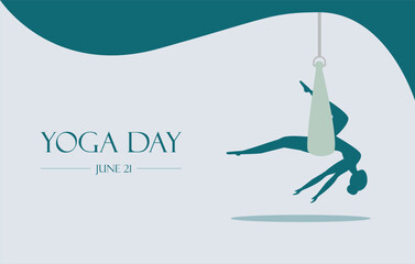 AERIAL yoga pose on poster or banner with background green for 21 June International Yoga Day Celebration vector