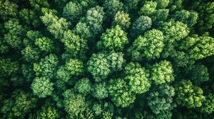 Naklejka premium Top view from a drone of a verdant forest in rural Altai, highlighting the rich green canopy and diverse tree coverage