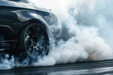 Close-up of a black car with drifting wheels in a cloud of smoke. Tire rubbing, drifting on a car or sports car