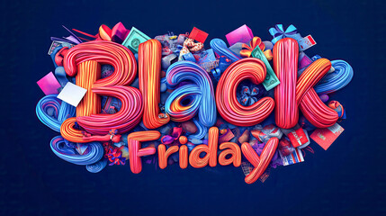 Black Friday Text Surrounded by an Array of Gifts and Promotional Items, Emphasizing the Season's Best Deals and Discount Offers for Shoppers