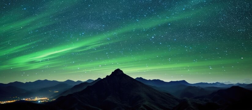 The sky at night, above the mountain the background is blue, green, blurry light, you can see falling stars